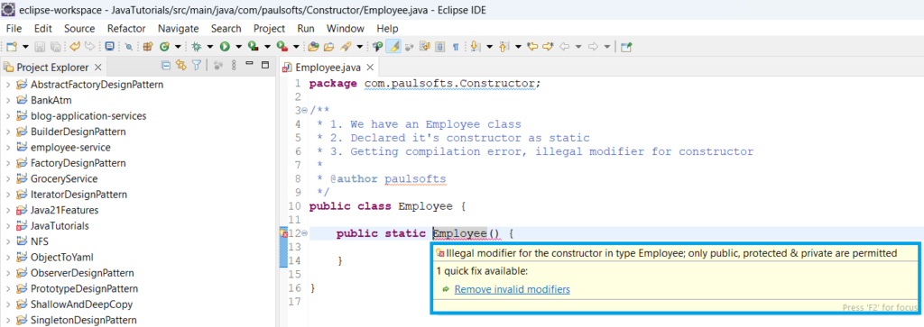 Constructor cannot be static in Java