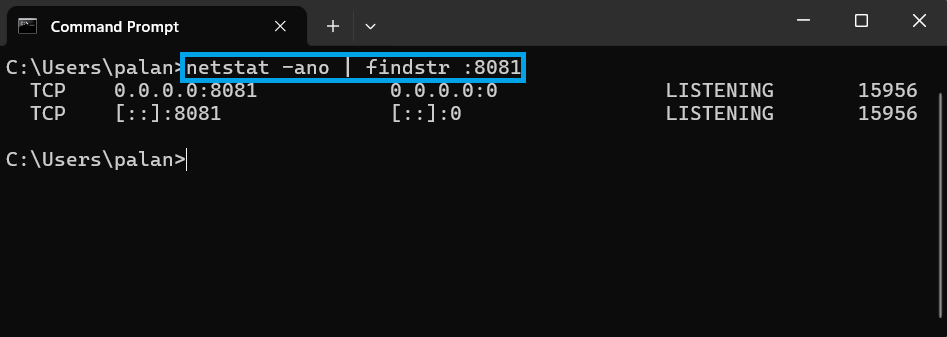 cmd command to get the process details running on a port